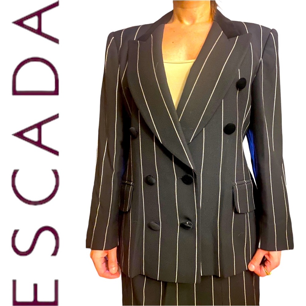 Classic Escada Charcoal Grey Skirt/Suit w/Blazer with White Pin Stripes Size 8